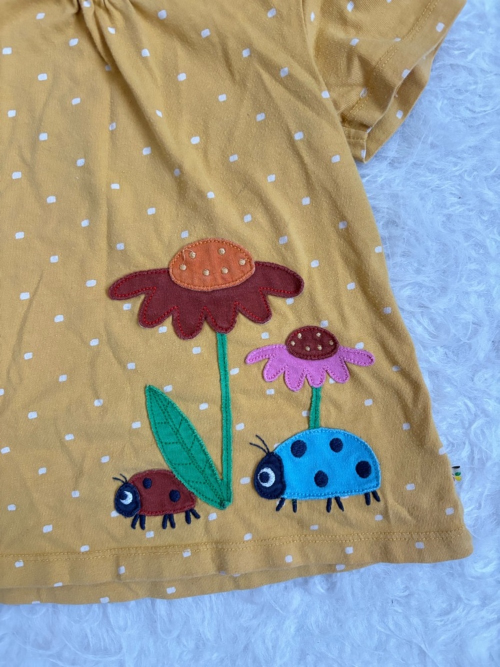 Frugi Girls' Yellow Polka Dot Tee with Colorful Flower & Ladybug Appliqués - Picture 3 of 3